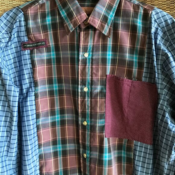 Upcycled Patchwork Button-Down Shirt, Size M-L: Boho Fringed Hem, Mixed Print - Picture 8 of 13